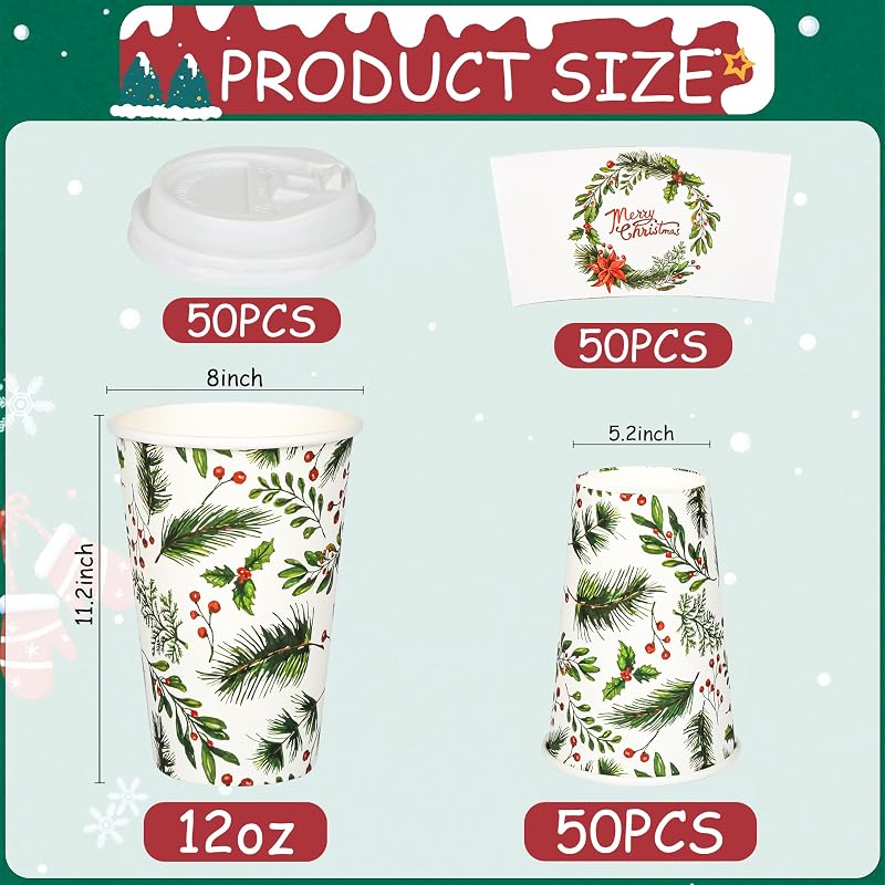 12oz Christmas Holly Berry Disposable Coffee Cups with Lids & Sleeves