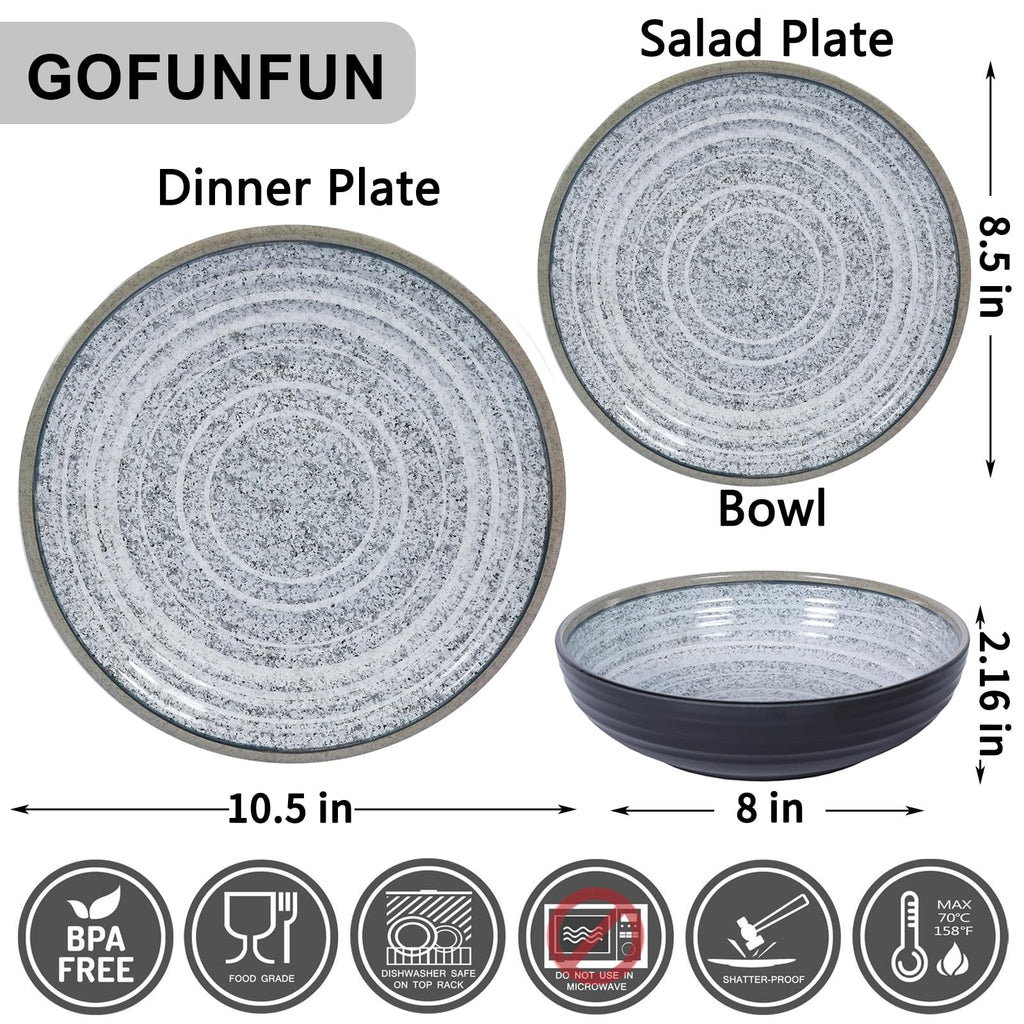 Melamine Dinnerware Sets 12 PCS - Service for 4 Plates & Bowls Sets Dishwasher Top-Shelf Safe, BPA Free Dinner Dishes Set for Everyday Use-Granite Pattern Black Back