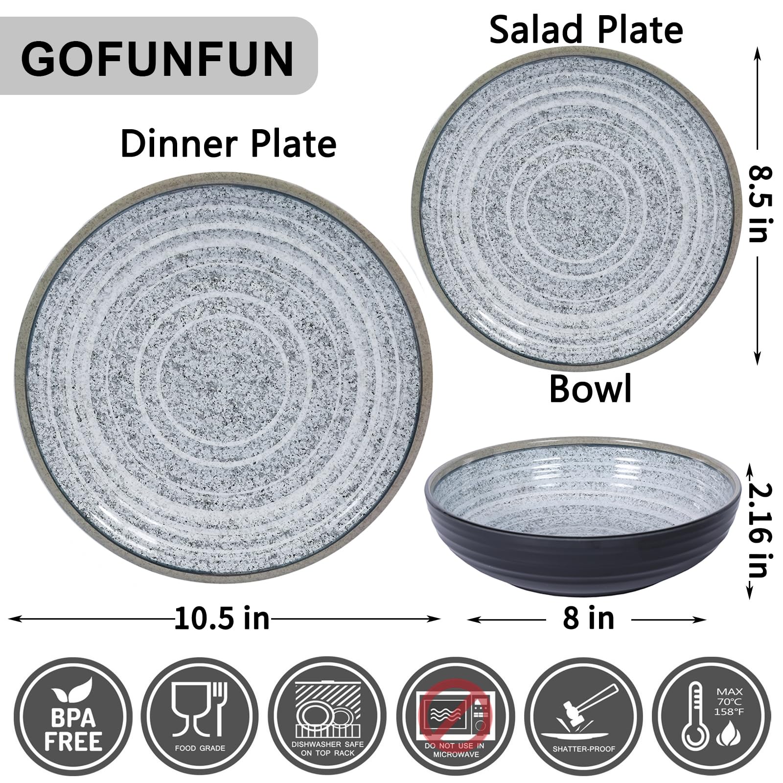 Melamine Dinnerware Sets 12 PCS - Service for 4 Plates & Bowls Sets Dishwasher Top-Shelf Safe, BPA Free Dinner Dishes Set for Everyday Use-Granite Pattern Black Back