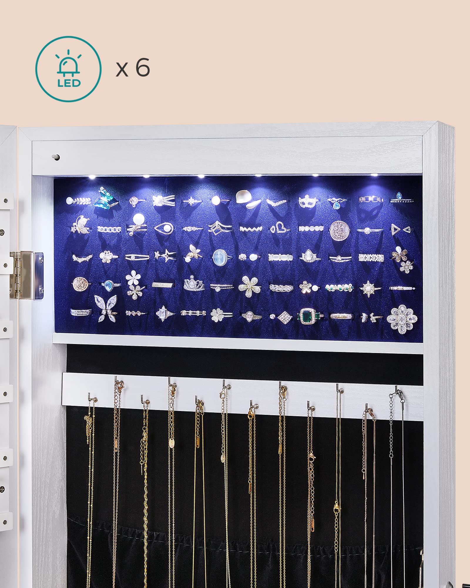SONGMICS Hanging Jewelry Cabinet, Wall-Mounted Cabinet with LED Interior Lights, Door-Mounted Jewelry Organizer, Full-Length Mirror, Gift Idea, White UJJC99WT