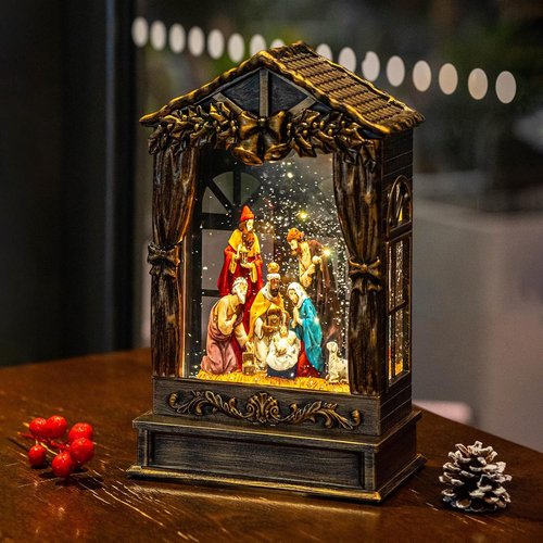 Christmas Snow Globe | Lighted Manger Nativity Scene with Musical Silent Night | Holiday Decor Gift