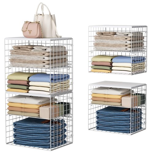 Huxitocan 4-Tier Stackable Closet Organizers and Storage Shelves, Closet Storage Basket with Wood Tops, Adjustable Height Dividers Closet Storage Bins for Home Closet Organizer System, White