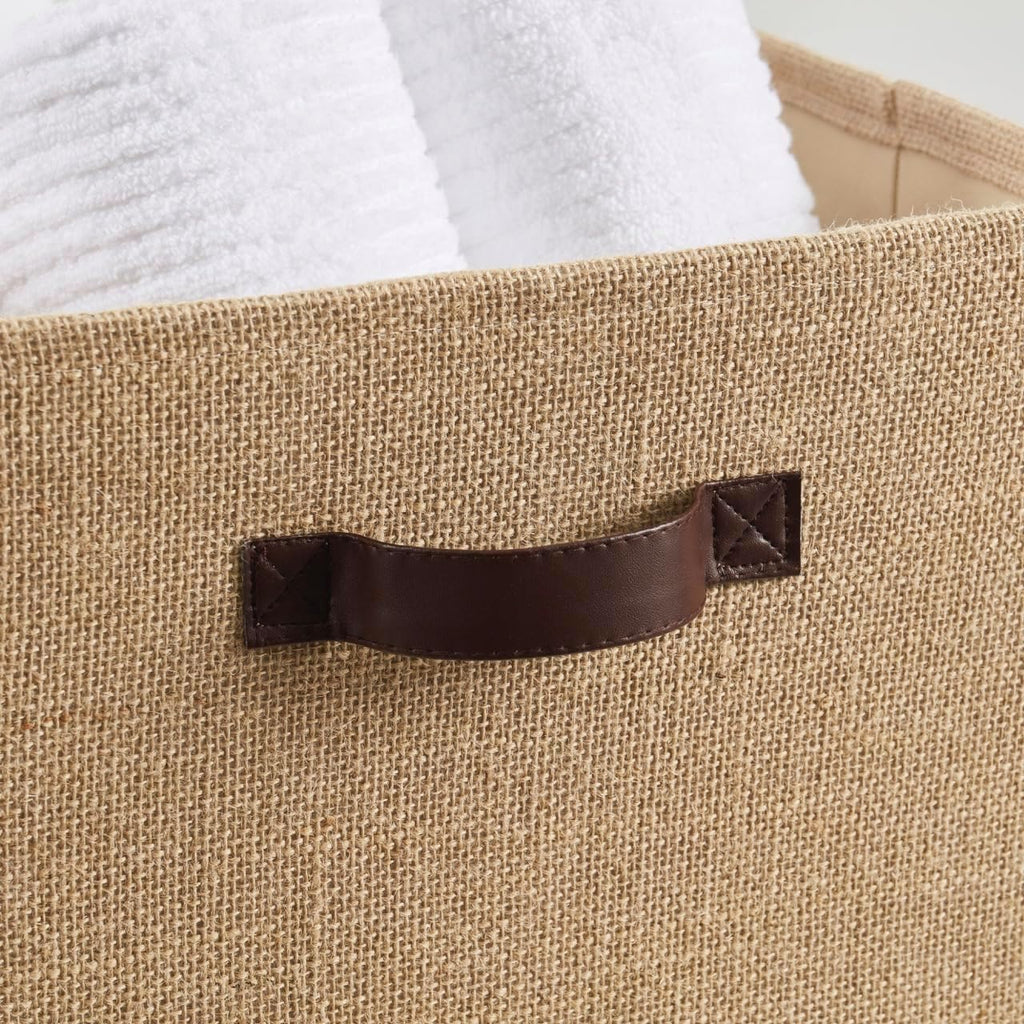 Ornavo Home Storage Cube Bins - 10.5 x 10.5 Jute Baskets, 6 Pack, Foldable with Leather Handles