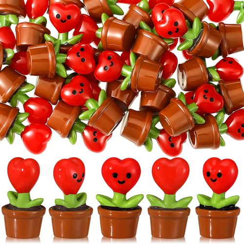 Threehoney 30 Pcs Mini Resin Flowers Samll Heart Statues Mini Resin Potted Heart Flower Statues for Birthday Desktop Decorations DIY Miniature Landscape Fairy Garden Decor(Red)