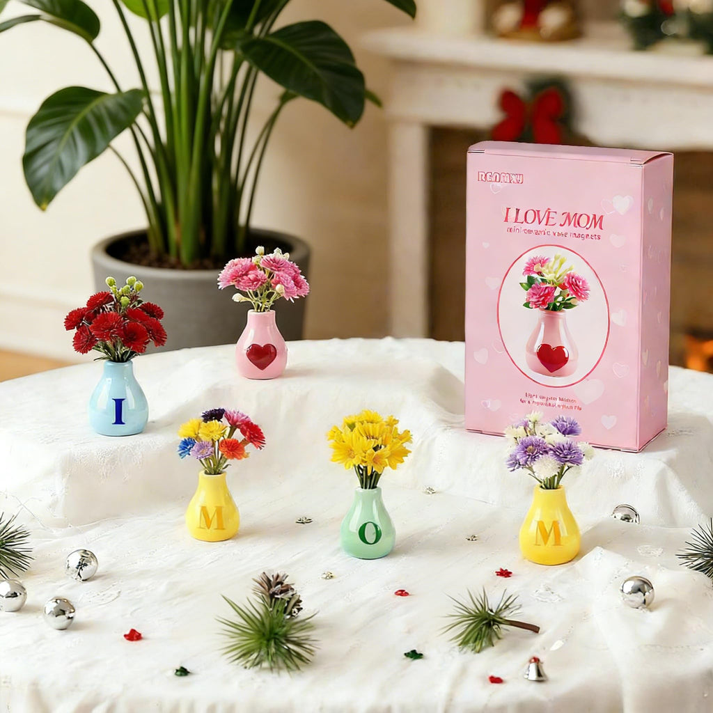 Renmxj 5 Pcs Cute Mini Ceramic Vase Fridge Magnets with Artificial Flowers