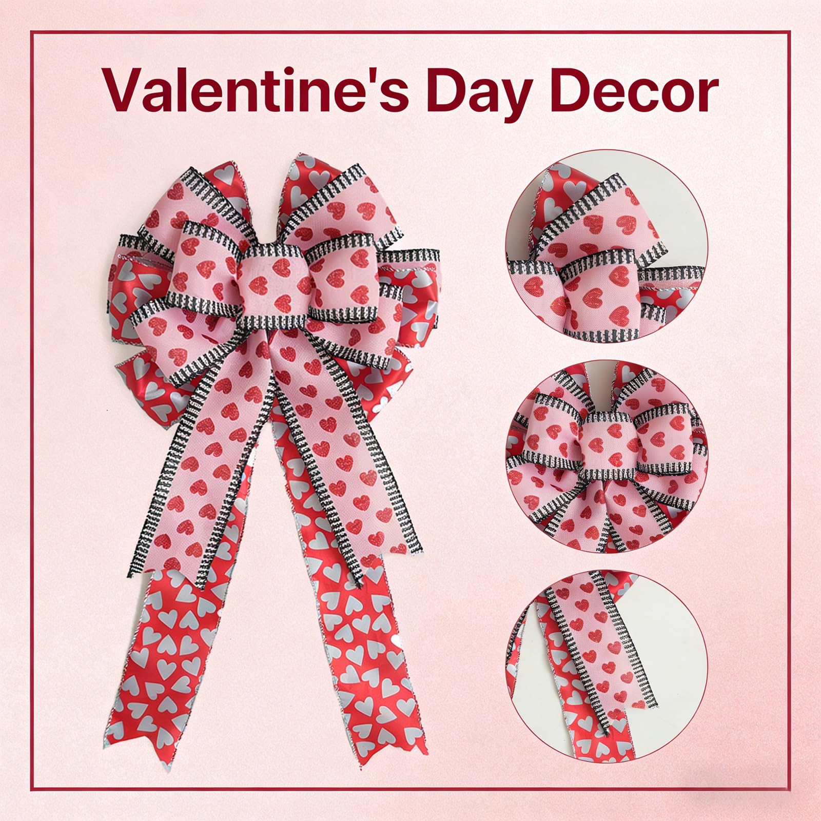 idyllic 18x10 Inch 2 Pcs Valentine's Day Pink Bow with Heart Print, Decor for Wreath Mantel Wall Window for Valentine's Day Wedding Anniversary Candlelight Dinner Home Decor Gift