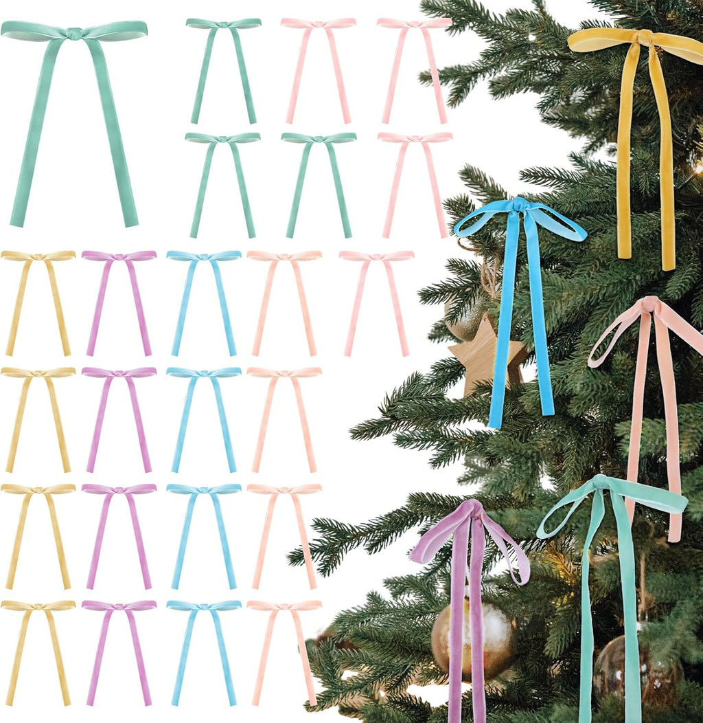 Skiennix 24 Pcs Velvet Bows - Vintage Ribbon Bows for Christmas Tree & Crafts | Pastel Rainbow (5 x 7 Inch)