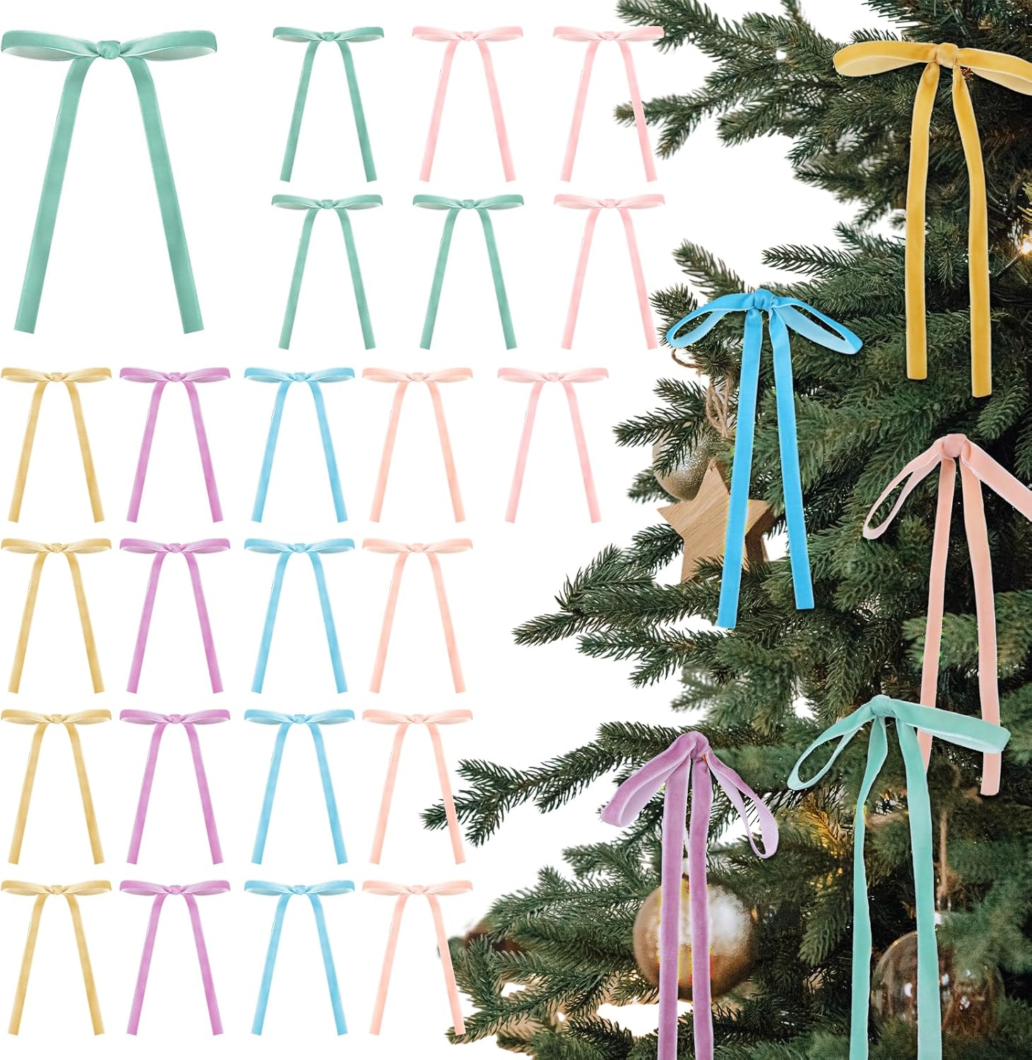 Skiennix 24 Pcs Velvet Bows - Vintage Ribbon Bows for Christmas Tree & Crafts | Pastel Rainbow (5 x 7 Inch)