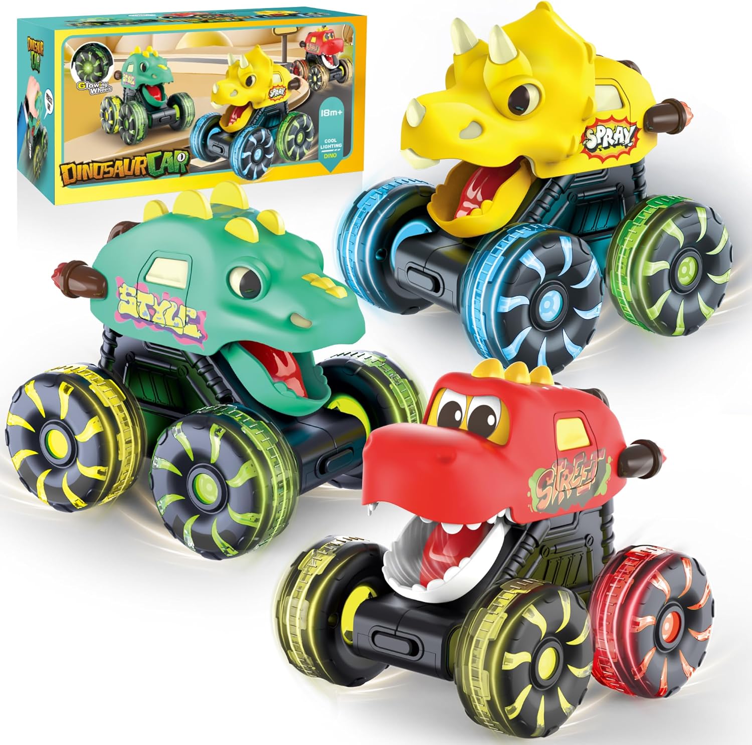 Skiennix Dinosaur Monster Truck Toys - Light-Up LED Wheels | 3-Pack for Toddlers & Kids