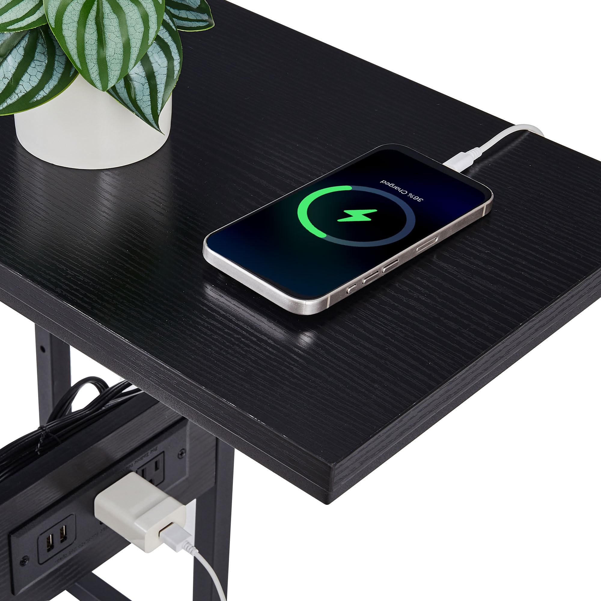VECELO C Shaped End Side Table with Charging Station & Power Outlets for Couch Sofa/Bed, Snack TV Tray with Metal Frame for Living Room Bedroom 1 Set, Black