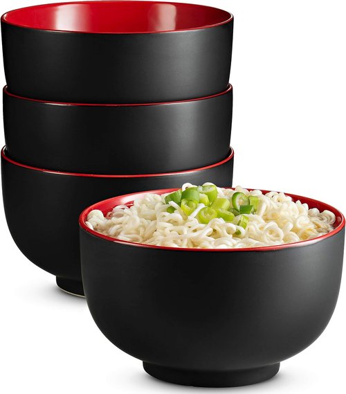 KooK Ramen Bowl - Large Ceramic Noodle Bowl Set | Microwave & Dishwasher Safe, 34 oz, Black/Red - Perfect for Ramen, Pho, Udon, Soba