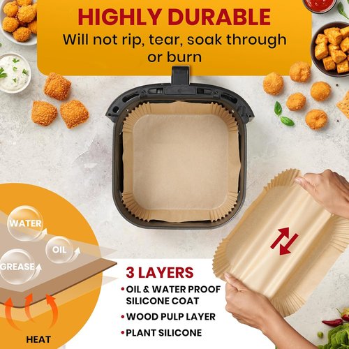 Baker's Signature Air Fryer Paper Liners - 125 Pcs Non-Stick & Oil Proof for Easy Cleanup | 8” Square for 5-8 Qt Baskets