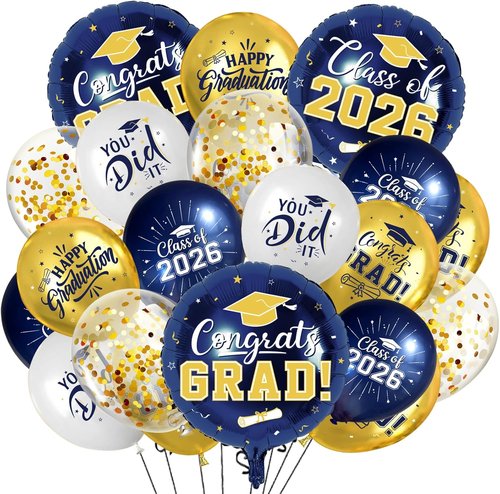 Graduation Balloons by [Brand Name] - Navy Blue & Gold 51-Piece Set with Confetti Ribbons | Perfect for 2026 Grad Party