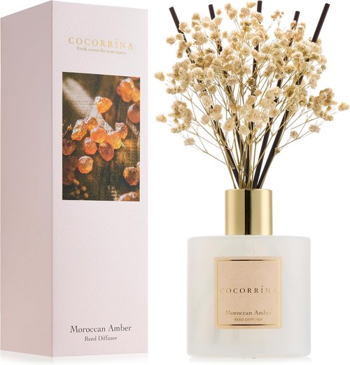 COCORRÍNA Reed Diffuser - Moroccan Amber Scented Set with Sticks & Baby's Breath | 6.7 Fl. Oz for Home Decor