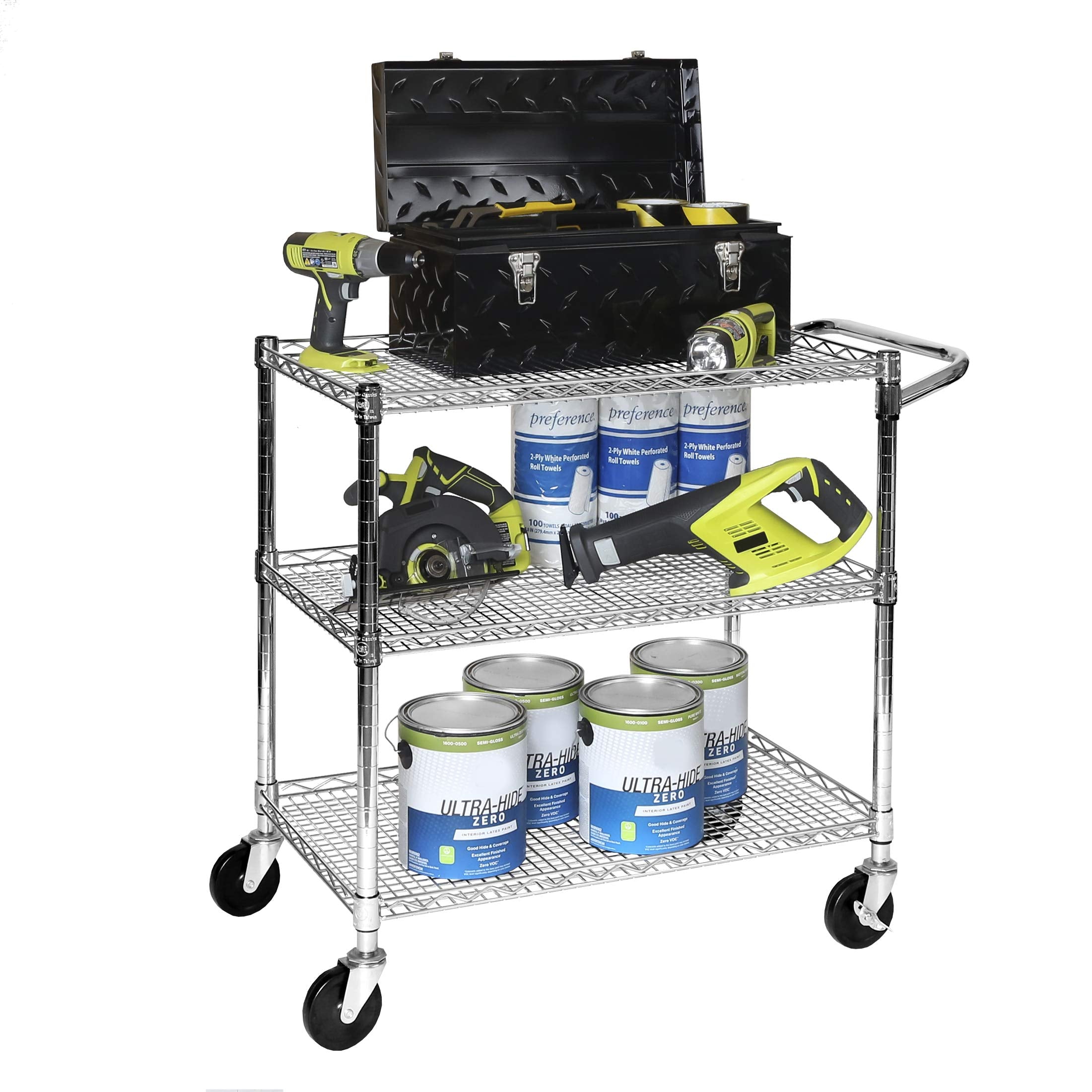 Seville Classics UltraDurable NSF Commercial Heavy Duty Metal Rolling Utility Cart, w/ Steel Shelves, Handle Bar for Restaurant, Garage, Warehouse, Kitchen, Office, Top Shelf (36"W x 18"D)