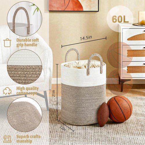 Laundry Basket,Woven Cotton Rope Laundry Hamper,Versatile Storage for Dirty Clothes,Baby Toys,and Blankets in Bathroom, Nursery,and Living Room (Brown, 60L)