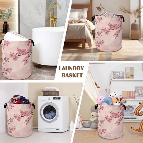 Laundry Hamper,Pink Flower Laundry Basket,Cherry Blossom Waterproof Oxford Cloth Storage Basket with Handle for Clothes Books Nursery Home Storage Sundries 16"x20"