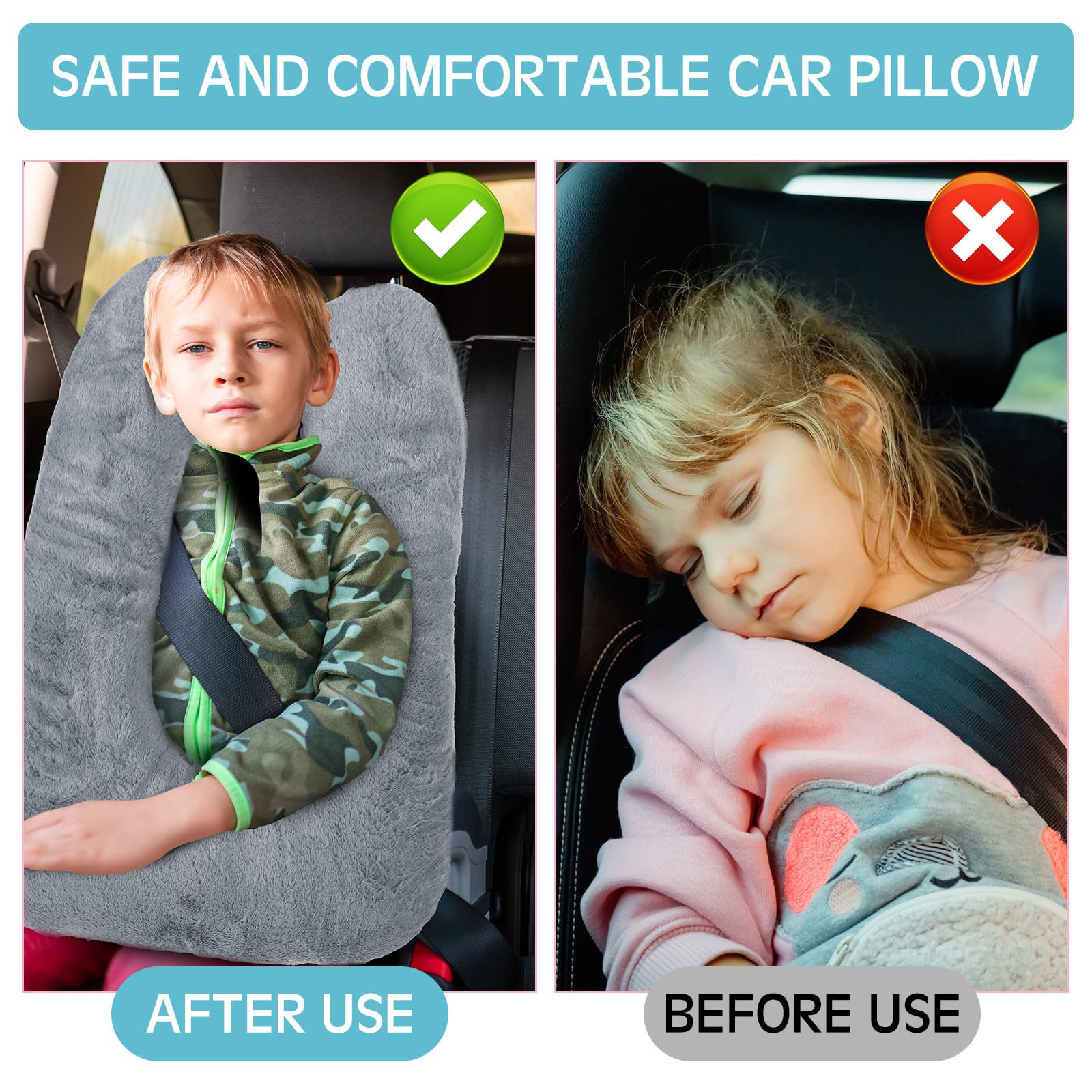 Barydat 2 Pcs Car Travel Pillow for the Back Seat 28 x 18 in Sleeping Reading Pillows for Long Distance Travel Car Cushion for Kids Adults Head and Body Support U Shaped Pad for Travel(Gray, Green)