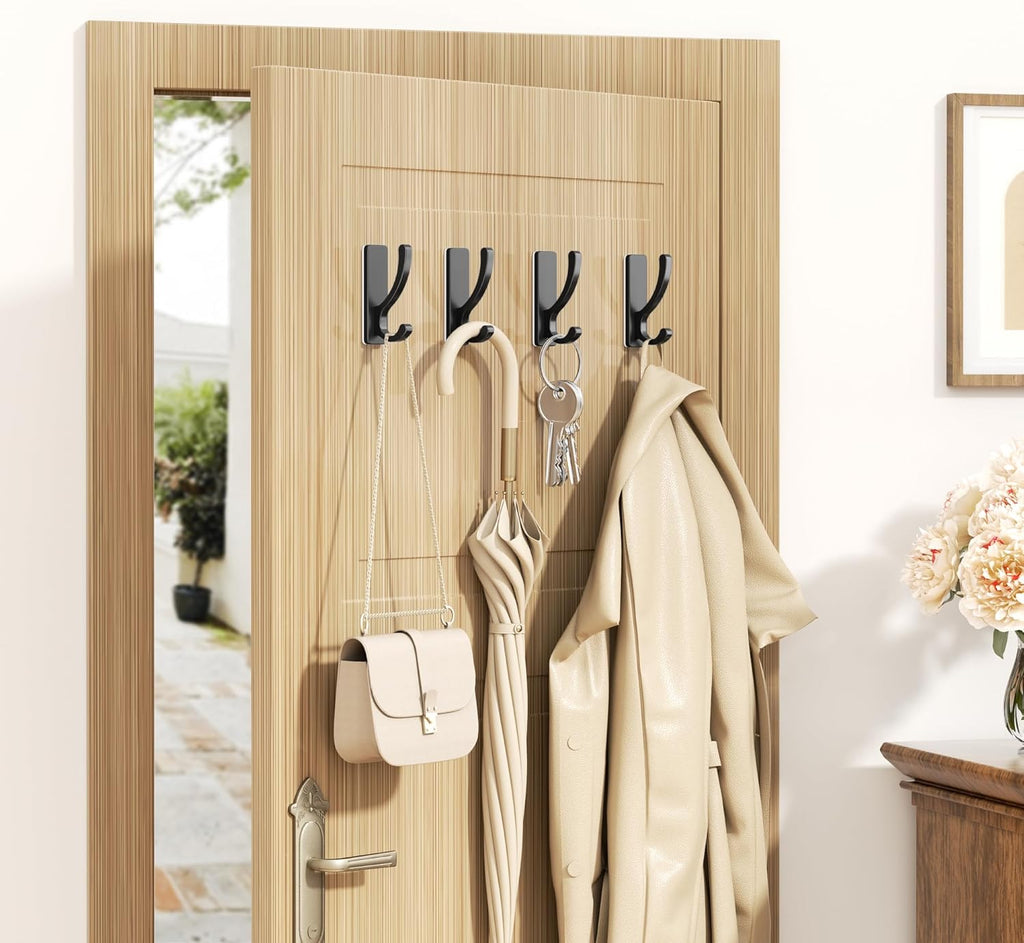 Pickpiff Adhesive Wall Hooks - Heavy Duty Sticky Hooks for Towels & Coats | No Damage, Black 4 Pack
