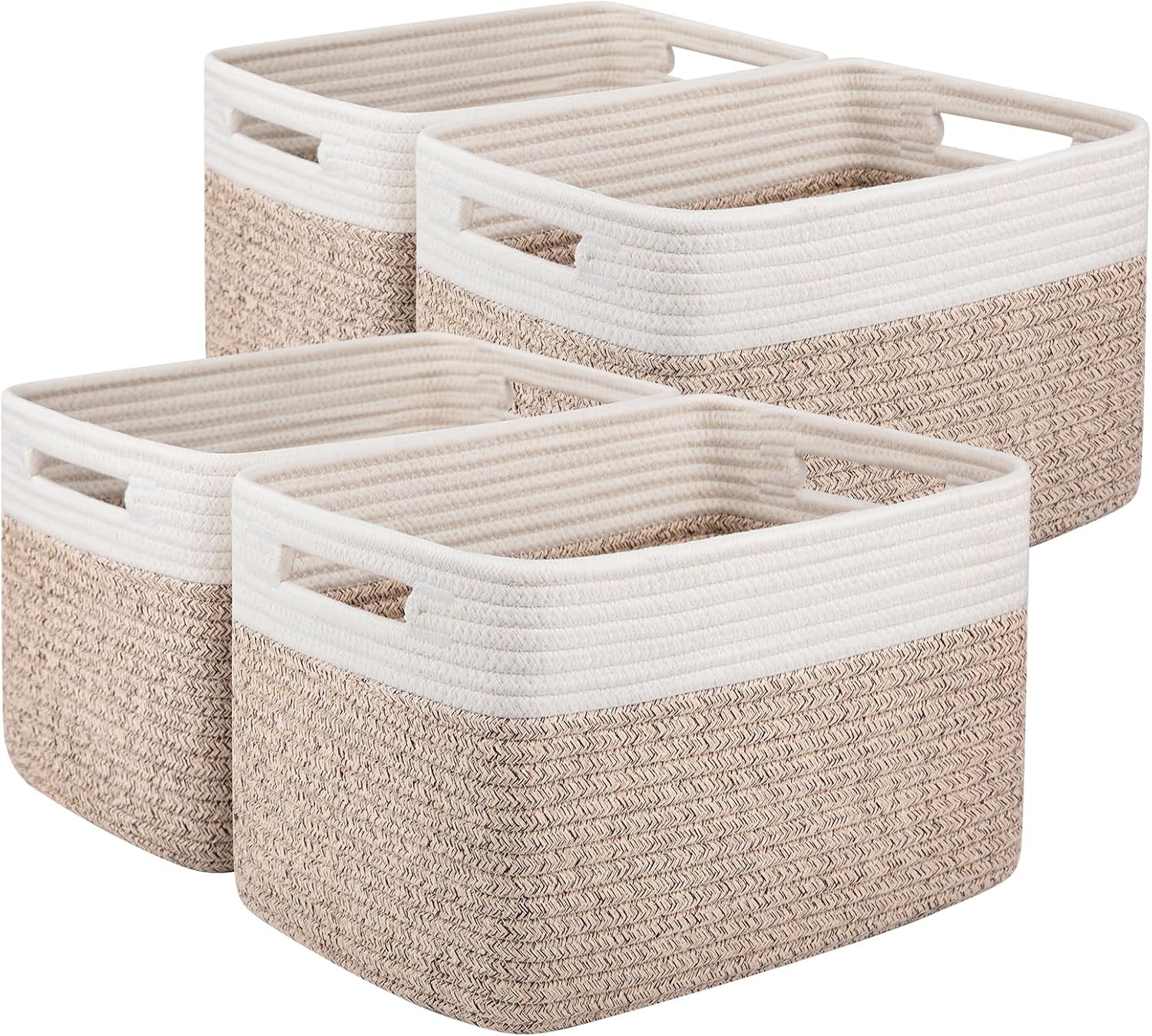 OIAHOMY Storage Baskets - Woven Cotton Rope Organizers with Handles | 13" L x 9" W x 7.8" H, Brown & White
