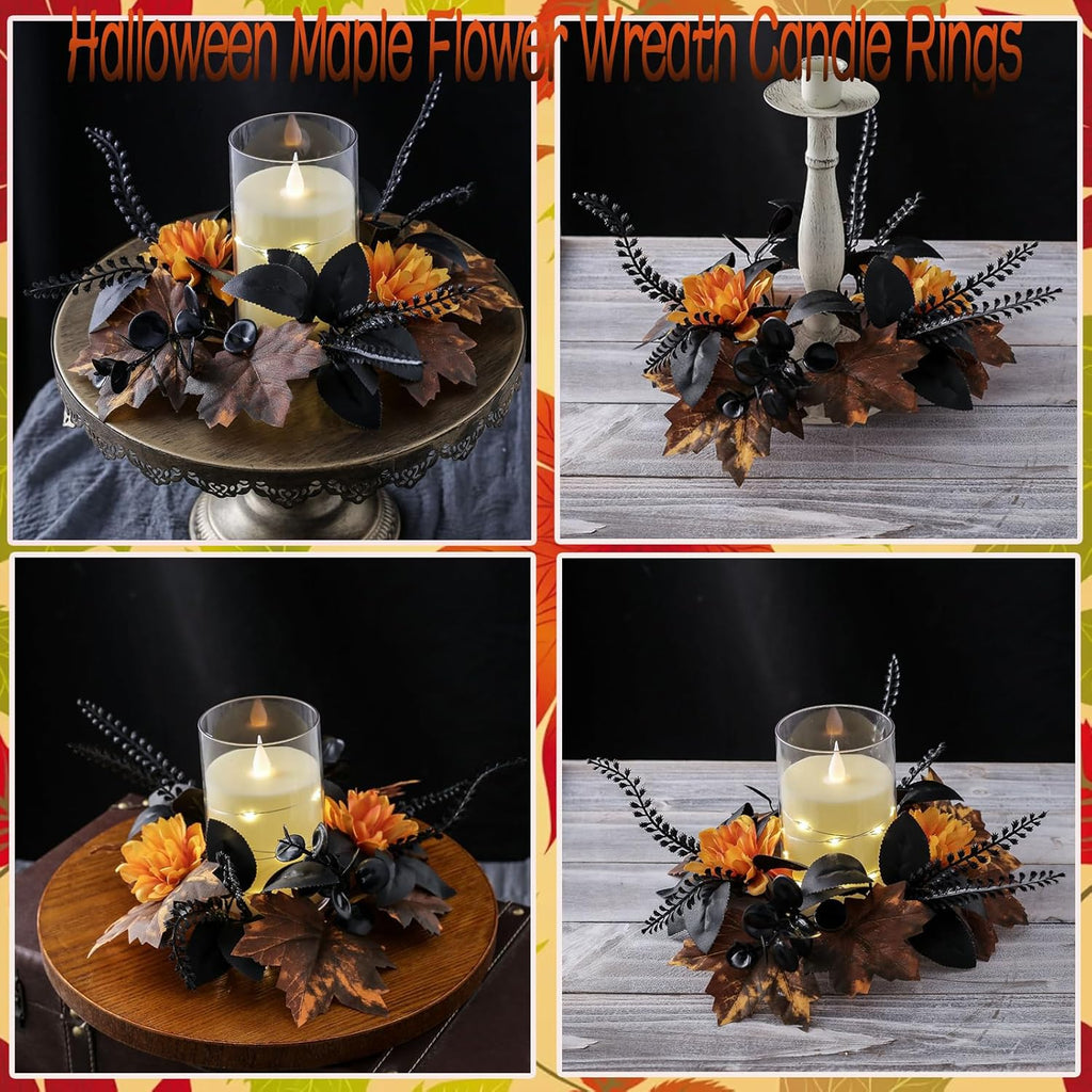 Maple Flower Wreath by Halloween | Artificial Eucalyptus Candle Ring - Gothic Yellow Floral Decor