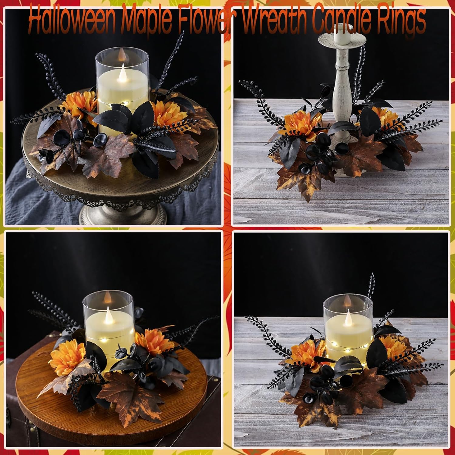 Maple Flower Wreath by Halloween | Artificial Eucalyptus Candle Ring - Gothic Yellow Floral Decor