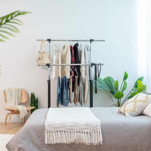IRIS USA Portable Double-Rod Height Adjustable Clothes Rack with Extendable Bar and Lockable Wheels, Rolling Garment, Double Rod Wardrobe Rack, Easy Assemble, for Clothes, Belts, Shoes, and Bags