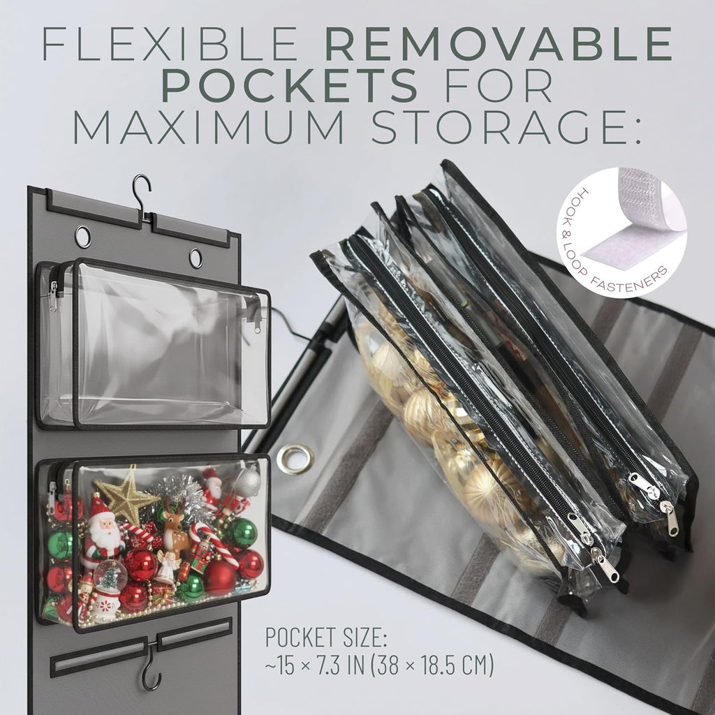 Wrapping Paper Organizer - 63" Double-Sided Vertical Gift Wrap Holder with 4 Zipper Bags & Hooks | Space-Saving Storage for Rolls & Ribbons