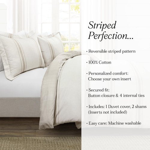 Lush Decor Farmhouse Stripe Reversible Cotton Duvet Cover Queen Size 3 Piece Set Full/Queen Neutral - Farmhouse Bedding Set - Striped Duvet Cover