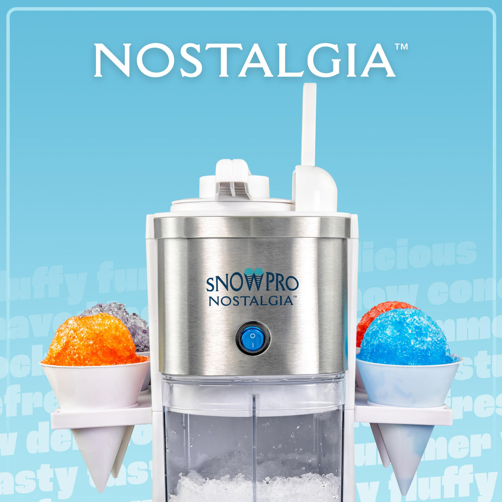 Nostalgia Snow Pro Electric Snow Cone Machine with 64 oz Capacity - Slushie Machine with 4 Reusable Cones, Side Shelves & Ice Scoop - Snow Cone Machine for Family Treats & Refreshing Desserts - White