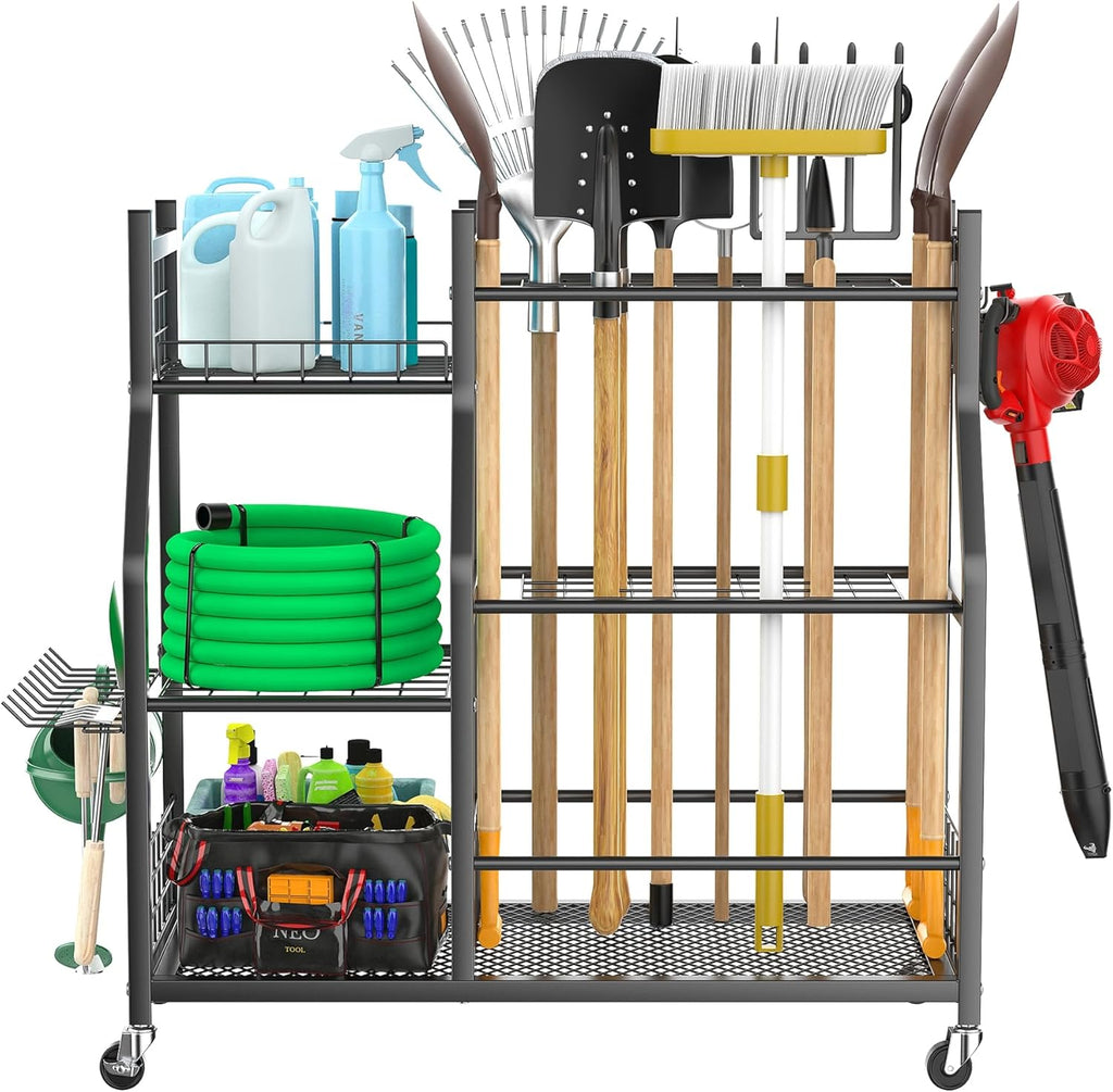 WALMANN Garden Tool Organizer - Rolling Cart with Large Storage for Rakes, Shovels & Yard Tools