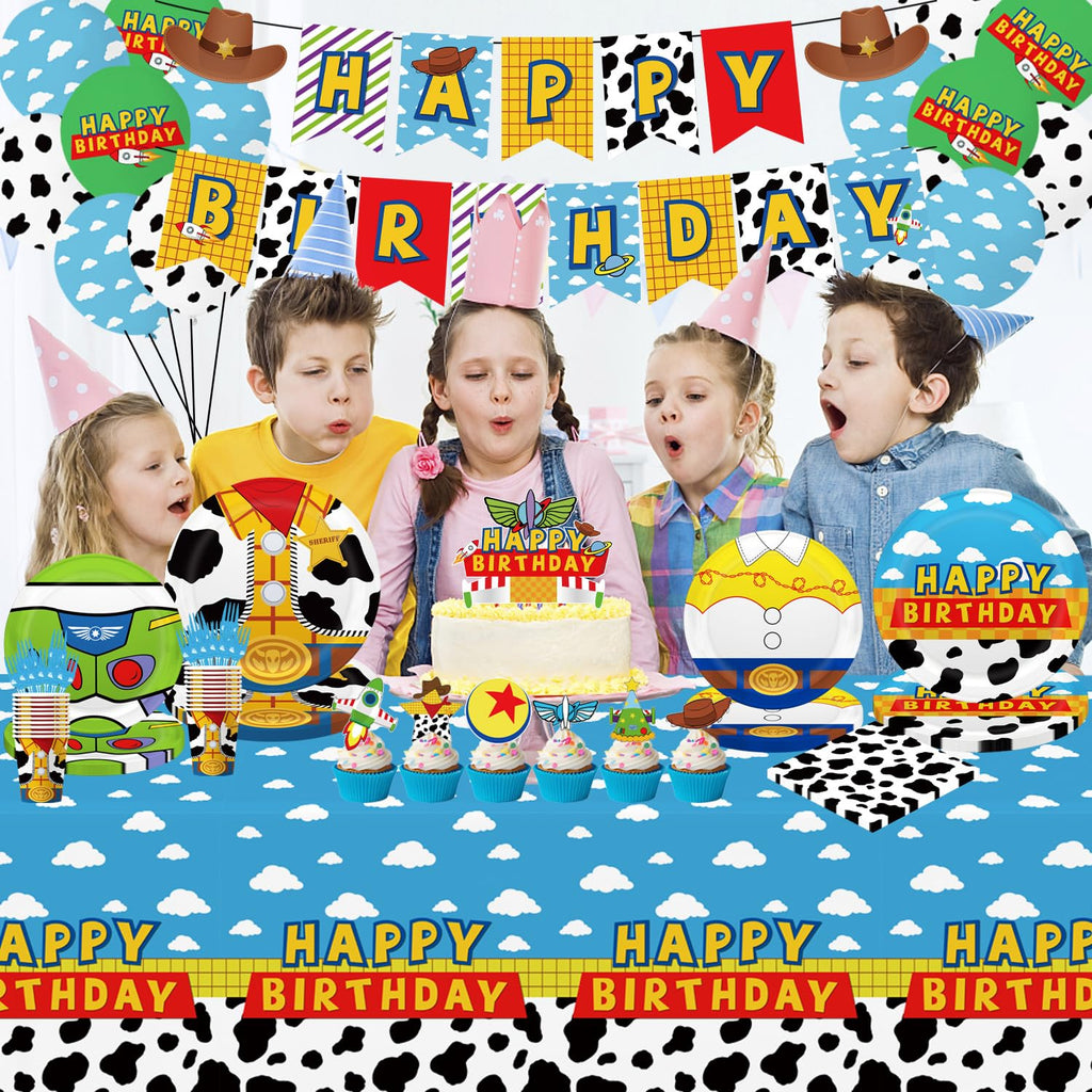 130pcs Story Birthday Party Decorations Tableware Set for 20 Guests Include Banner, Cupcake Topper, Cake Topper,Paper Plates,Napkins and Cups,Plastic Tablecloth and Forks,Latex Balloons