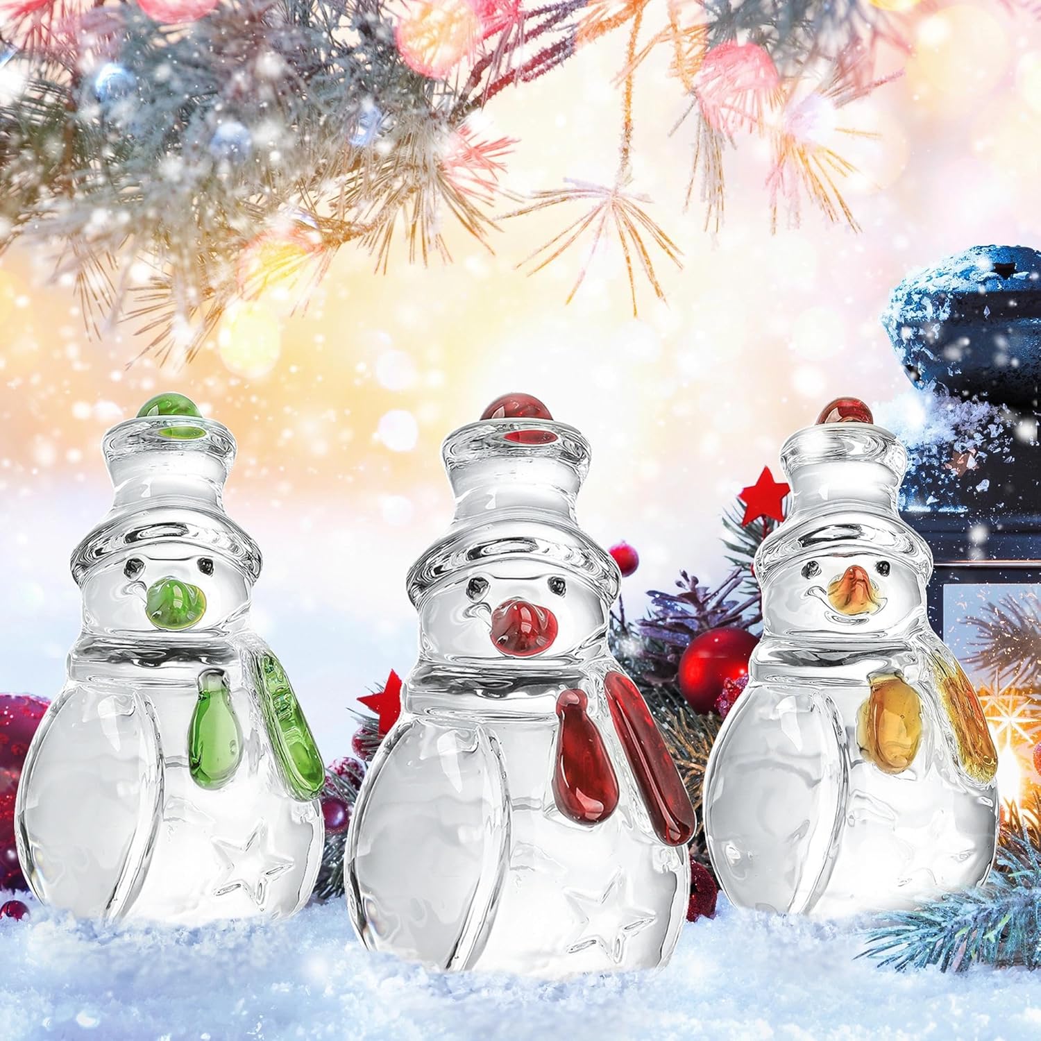 Skiennix Glass Snowman Figurines - Handmade Christmas Decorations | Set of 3, 1.6'' x 4.2''