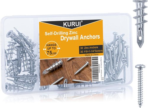 KURUI Zinc Self-Drilling Drywall Anchors Kit - 60PCs Heavy Duty 75LB Capacity | 30 Anchors & Screws