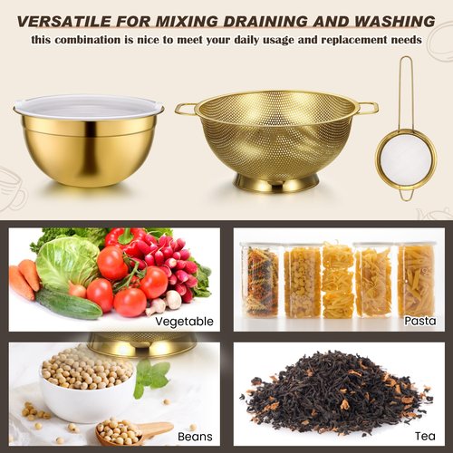 Baderke 6 Pcs Gold Kitchen Accessories Set Includes 3 Gold Mixing Bowls with Airtight Lids Stainless Steel Colander Grater Slicer and Fine Mesh Strainer (Mixing Bowls: 3.7/5/7 Qt, Colander: 5 Qt)