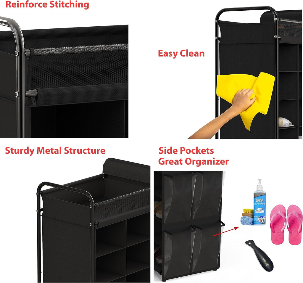 Simple Houseware 16-Cube Shoe Stand Tower Rack - 8-Tier Design with Top Shelf & Side Pockets, Black