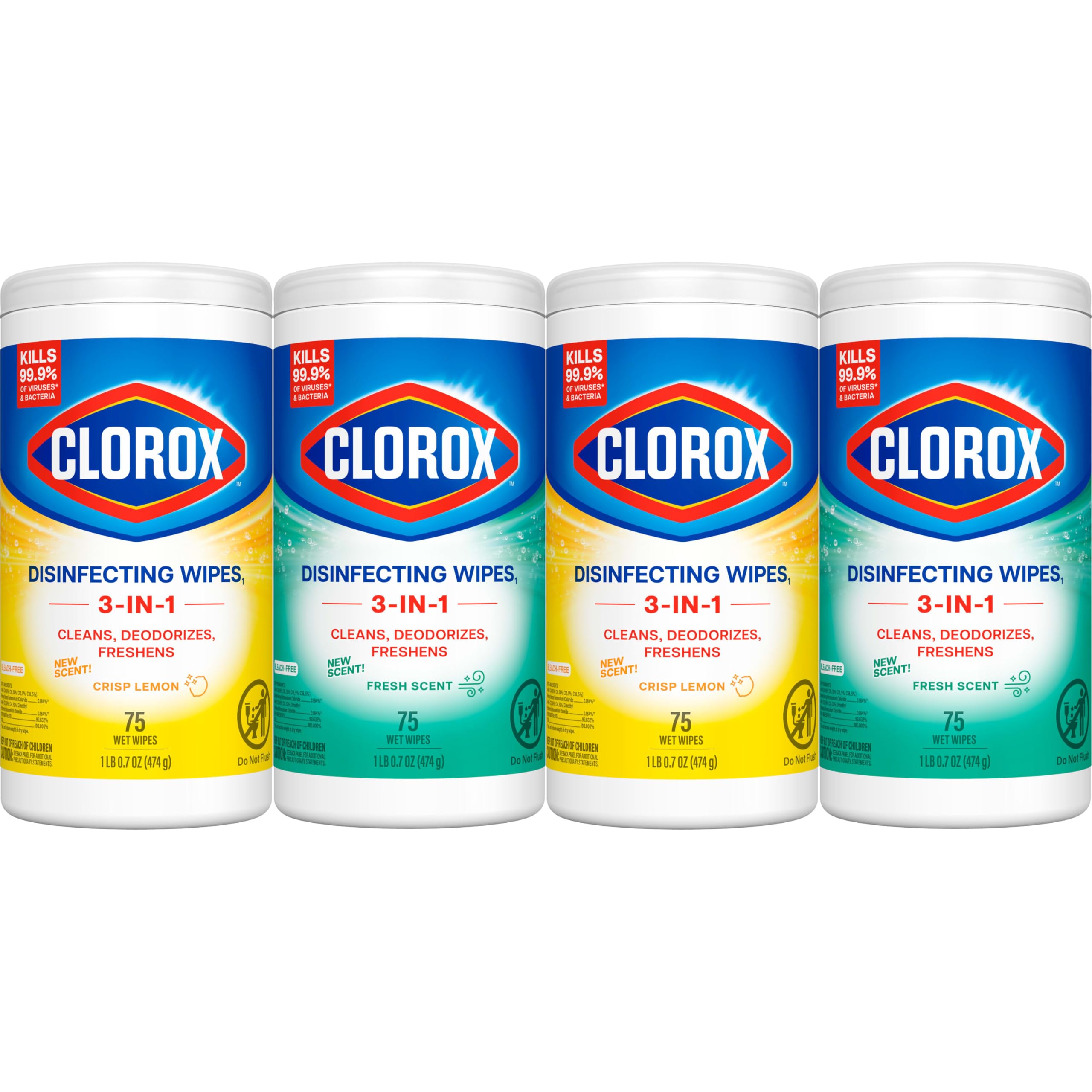 Clorox Disinfecting Wipes Variety Pack, Bleach-Free, Kills 99.9% of Germs and Viruses Including COVID-19, 75 Count, Pack of 4