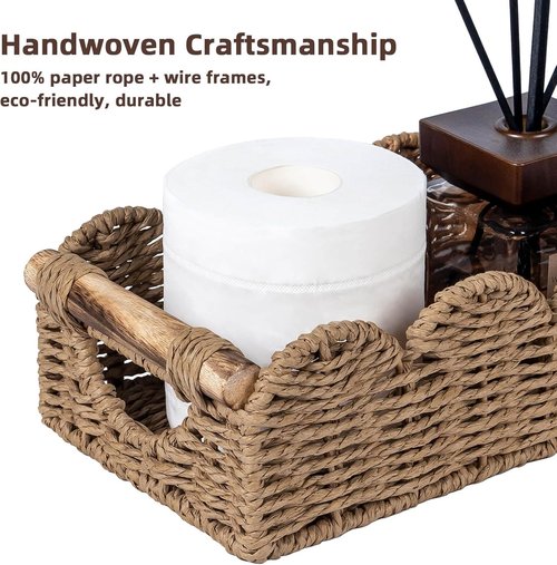 CubesLand Bathroom Basket Organizer - Scalloped Wicker Storage Tray with Cut-Out Handle | Neutral Decor