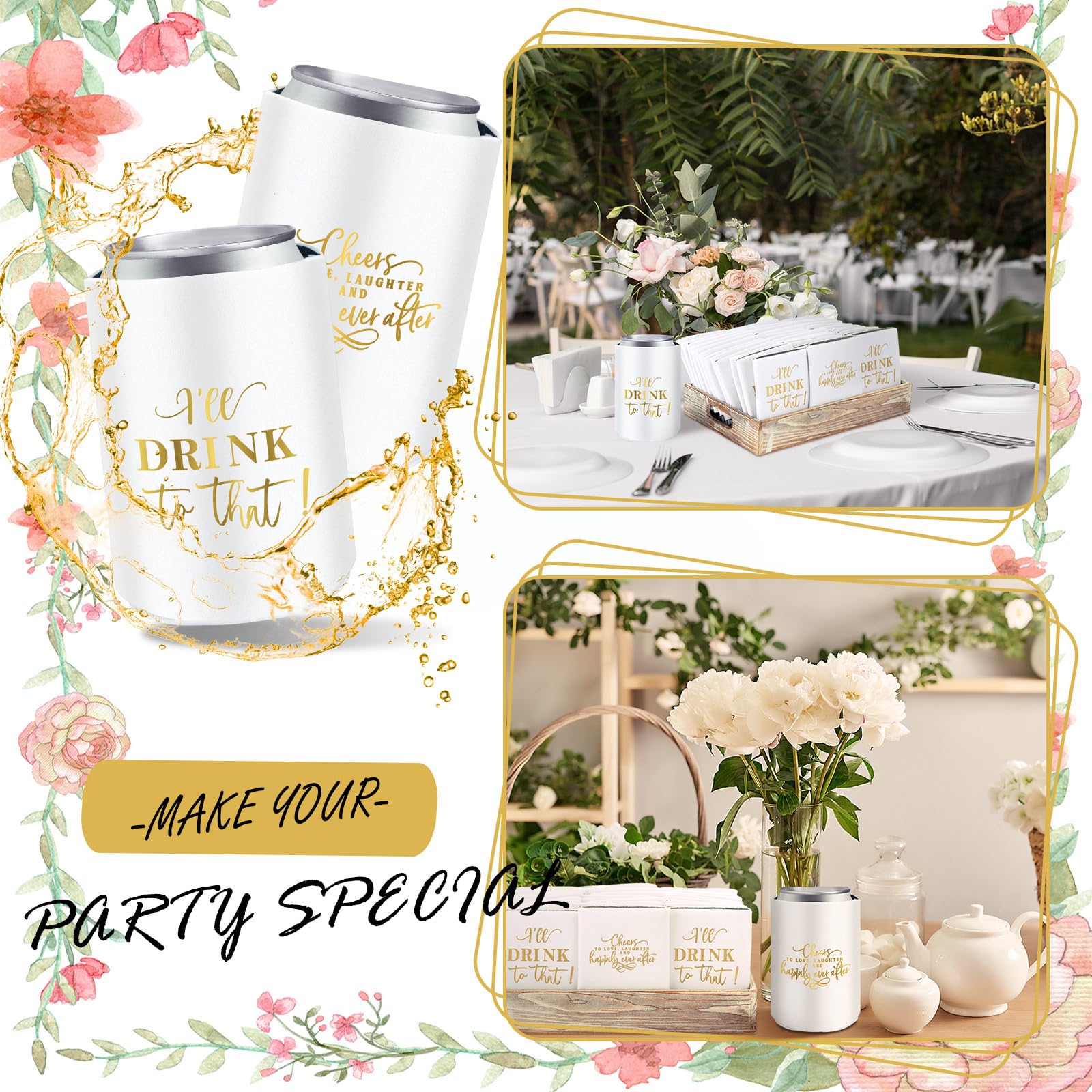 SiliFine 101 Pcs Wedding Can Cooler Bulk Engagement Party Favors for 100 Guests Cheers to Love Laughter, and I'll Drink Can Cooler with 1 Pcs Wooden Wedding Table Sign Bridal Shower Favor(White)