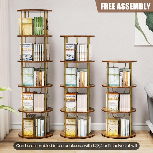Flycity 5 Tier Rotating Bookshelf, 360° Corner Bookshelf Tower, Round Revolving Bookcase with Special Visible Partition Storage, Narrow Book Shelf Organizer for Living Room, Small Space, Gold