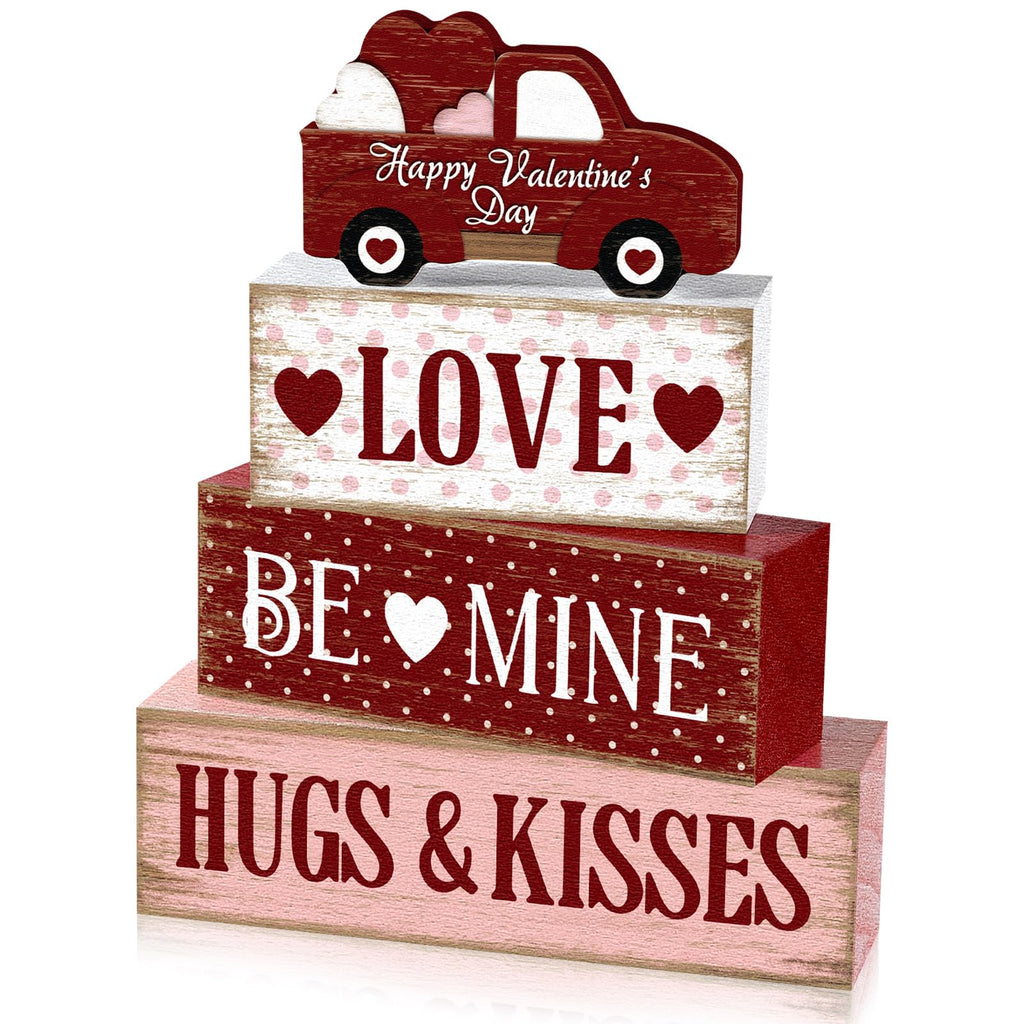 Marsui 4 Pcs Valentine's Day Decorations Truck Wooden Signs Rustic Distressed Table Decor Valentines Centerpieces Blocks Farmhouse Tiered Tray Decor Happy Valentine Day Decorations for Home Desk Shelf