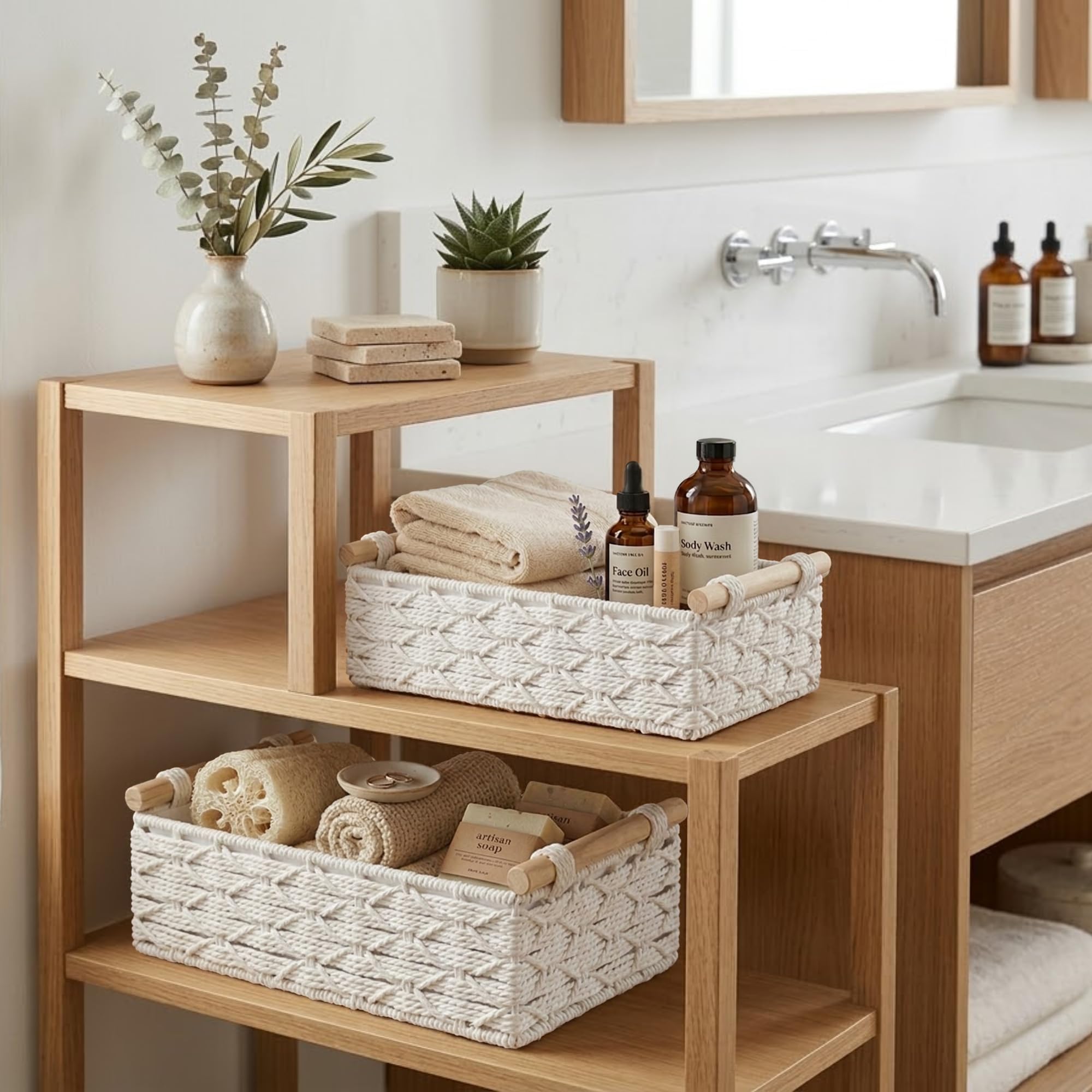 DECOMOMO White Wicker Baskets, Back of Toilet Basket, Bathroom Basket Organizer, Countertop, Home Decor (White, Set of 2)