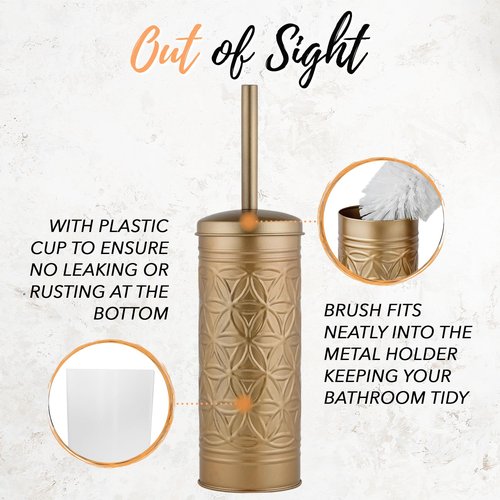 Autumn Alley Farmhouse Antique Gold Bathroom Accessories Set – Includes Gold Bathroom Trash Can & Toilet Brush with Holder, Handcrafted Modern Waste Bin & Standing Toilet Brush, Embossed Metal Décor