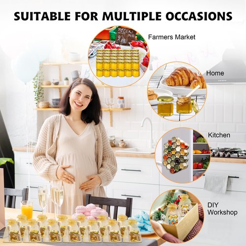 BGraceyy 144Pcs 1.5 oz Mini Hexagon Glass Honey Jars with Dippers, Gold Lids, Bee Stickers, Bee Charms, Gift Bags & Jute–Empty Small Honey Jars for Party Favors Bulk, Ideal for Baby Showers ＆ Weddings