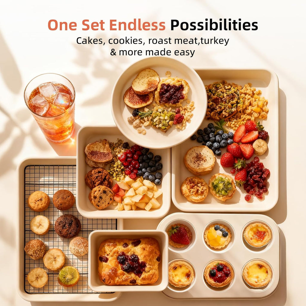 Skiennix 8-Piece Non-Stick Baking Pans Set - Stackable Carbon Steel Bakeware for Kitchen Essentials