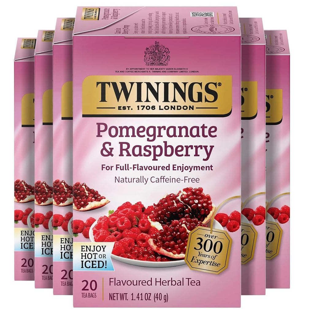 Twinings Pomegranate & Raspberry Herbal Tea - Caffeine-Free, 20 Individually Wrapped Bags | 6 Pack