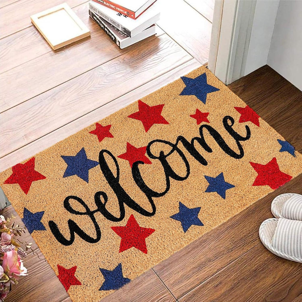 Whaline Patriotic Coir Door Mat - Non-Slip 4th of July Welcome Mat | Red & Blue Star Design, 16.5 x 29 Inch