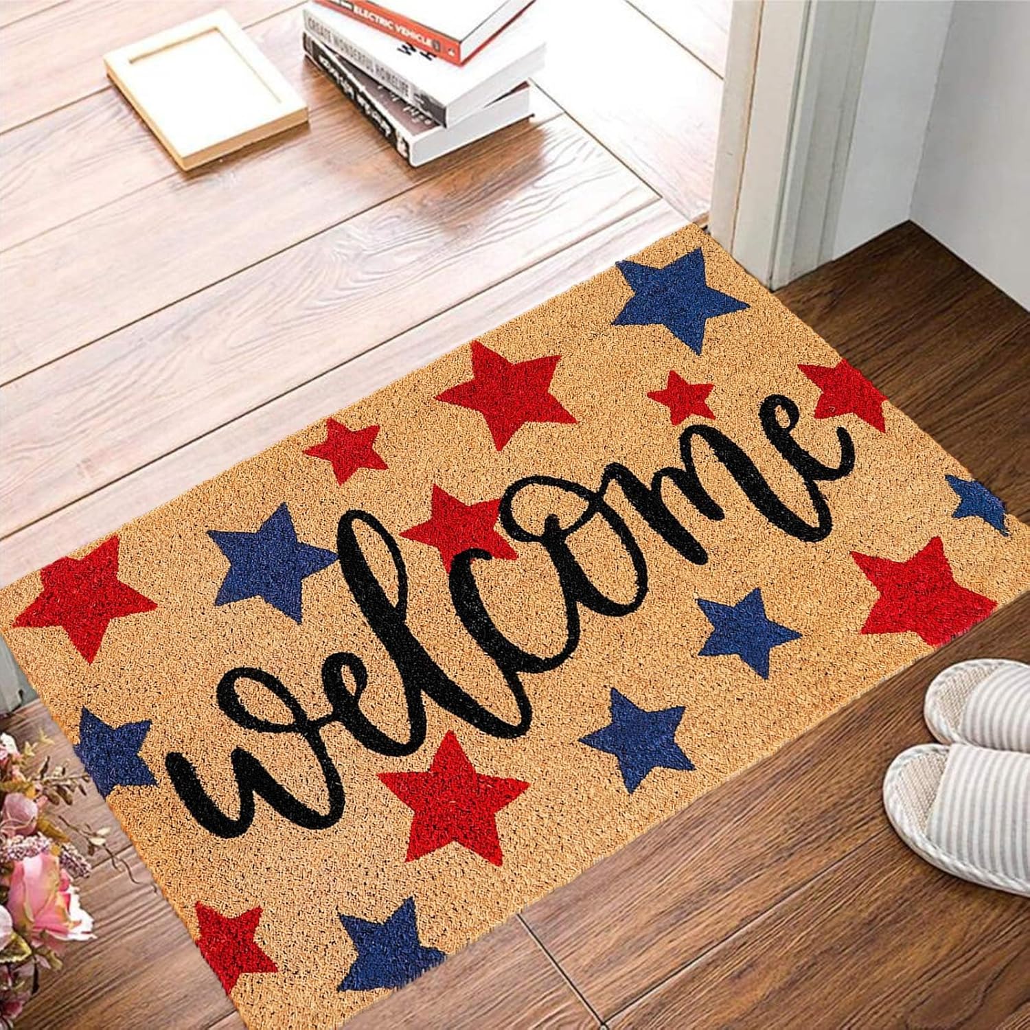 Whaline Patriotic Coir Door Mat - Non-Slip 4th of July Welcome Mat | Red & Blue Star Design, 16.5 x 29 Inch