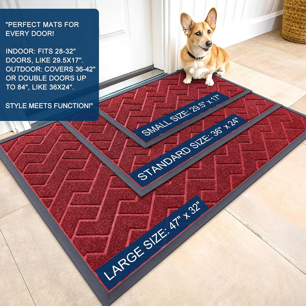 OLANLY Waterproof Front Door Mat - All-Season Herringbone Design | Easy Clean, Low Profile, Wine Red (71x47)