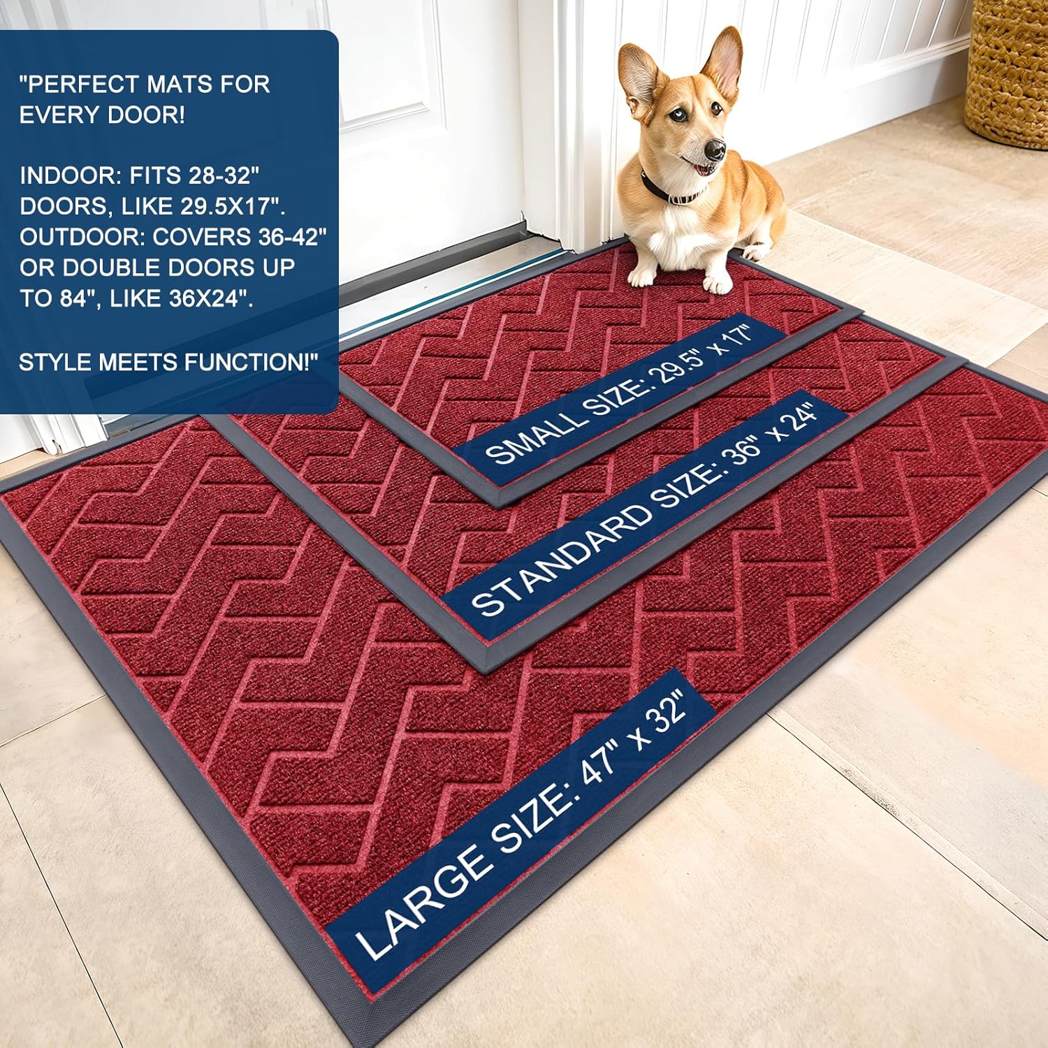 OLANLY Waterproof Front Door Mat - All-Season Herringbone Design | Easy Clean, Low Profile, Wine Red (71x47)